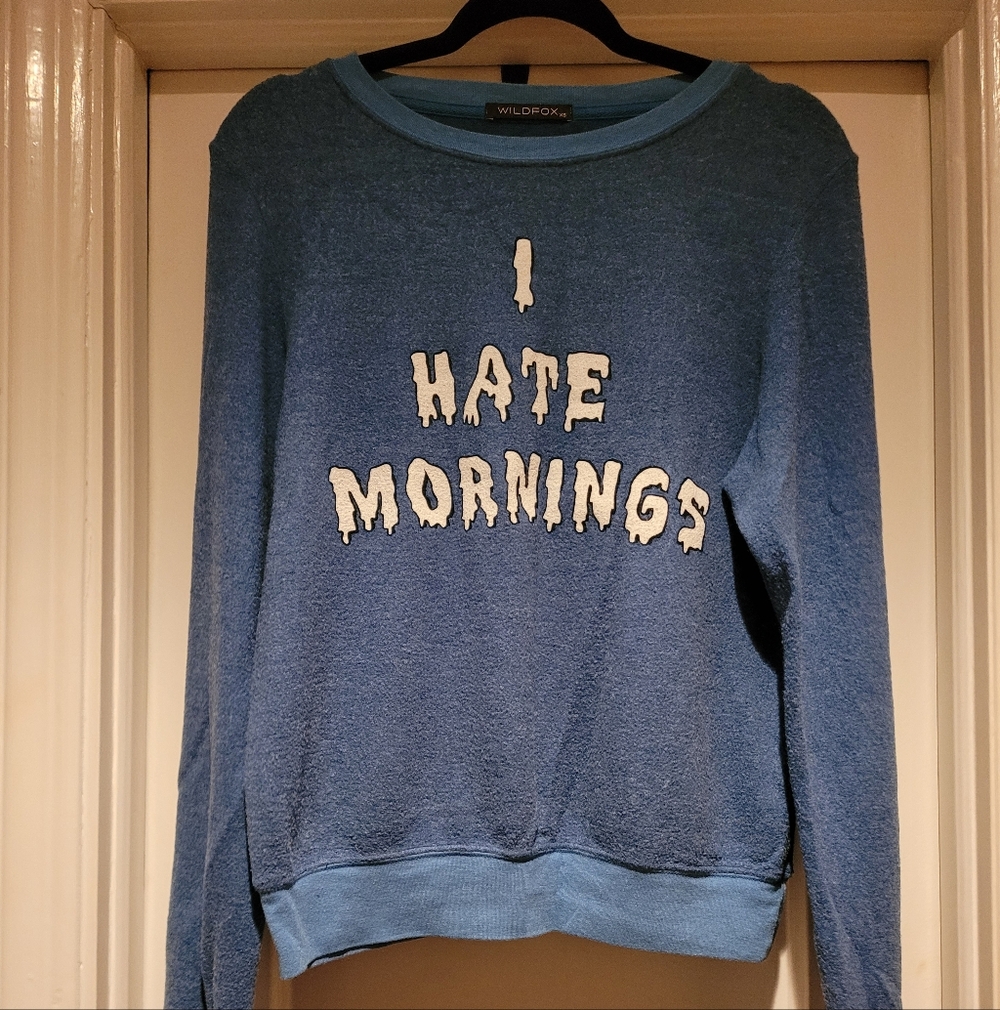 PRE-OWNED WILDFOX Blue Crewneck Pullover 'I Hate Mornings' Shirt